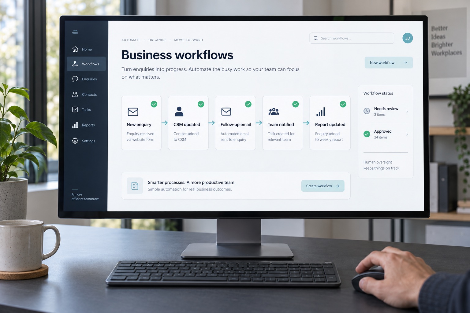 Connected business workflow for enquiries, CRM updates, email follow-ups and team notifications
