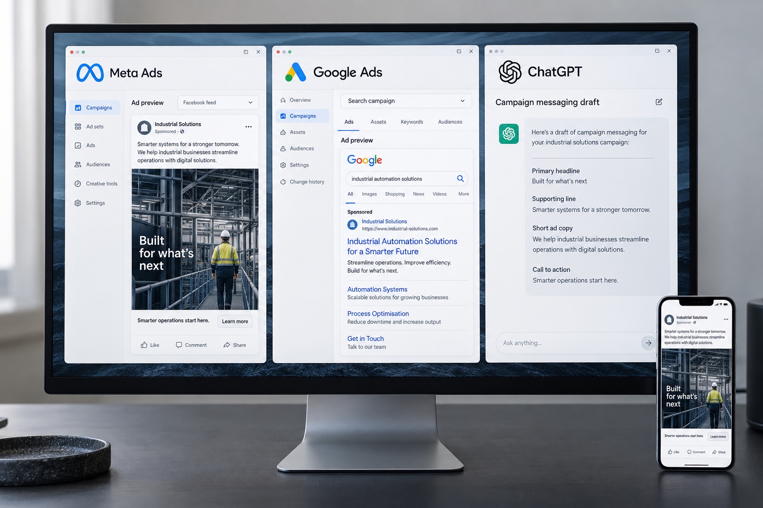 Digital campaign workspace showing Meta Ads, Google Ads and ChatGPT