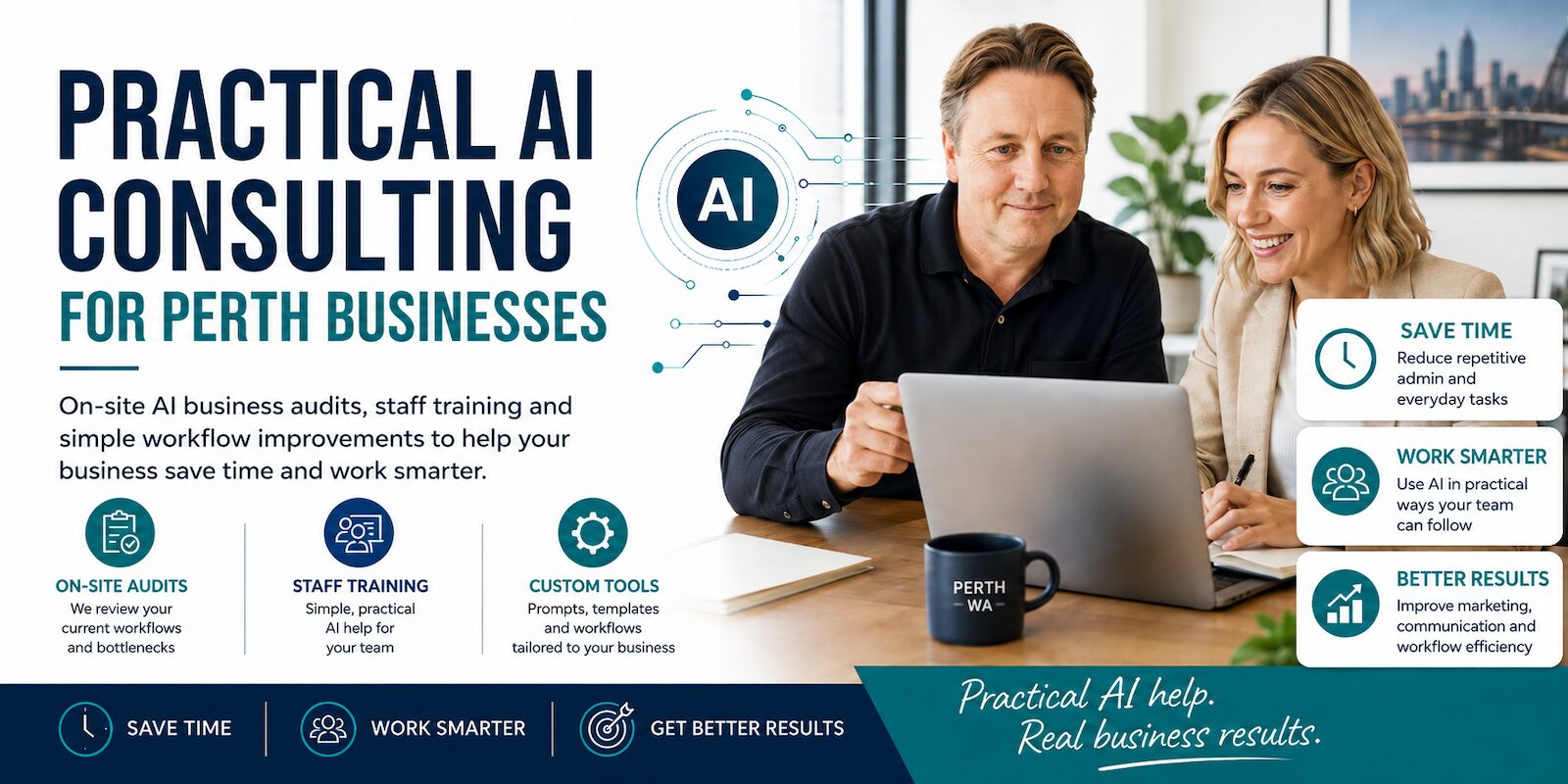 Practical AI consulting for Perth businesses, showing business owners using AI tools to save time, improve workflows and train staff.