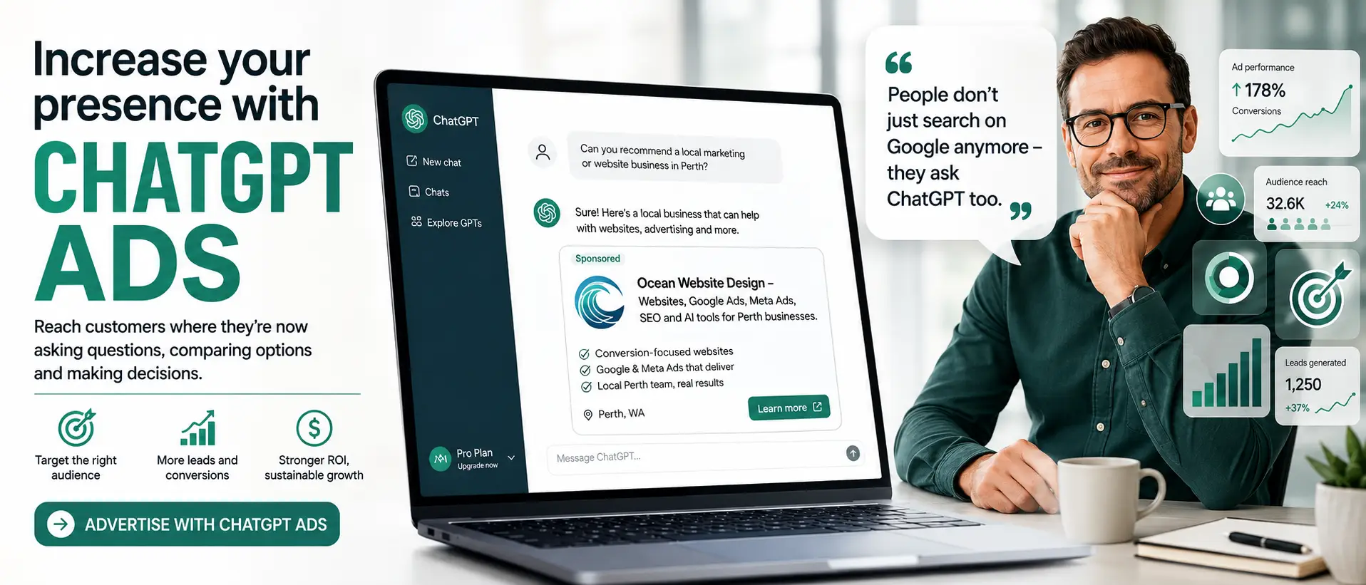 ChatGPT Ads marketing banner showing a laptop with a sponsored ad suggestion for Ocean Website Design and digital advertising growth graphics.