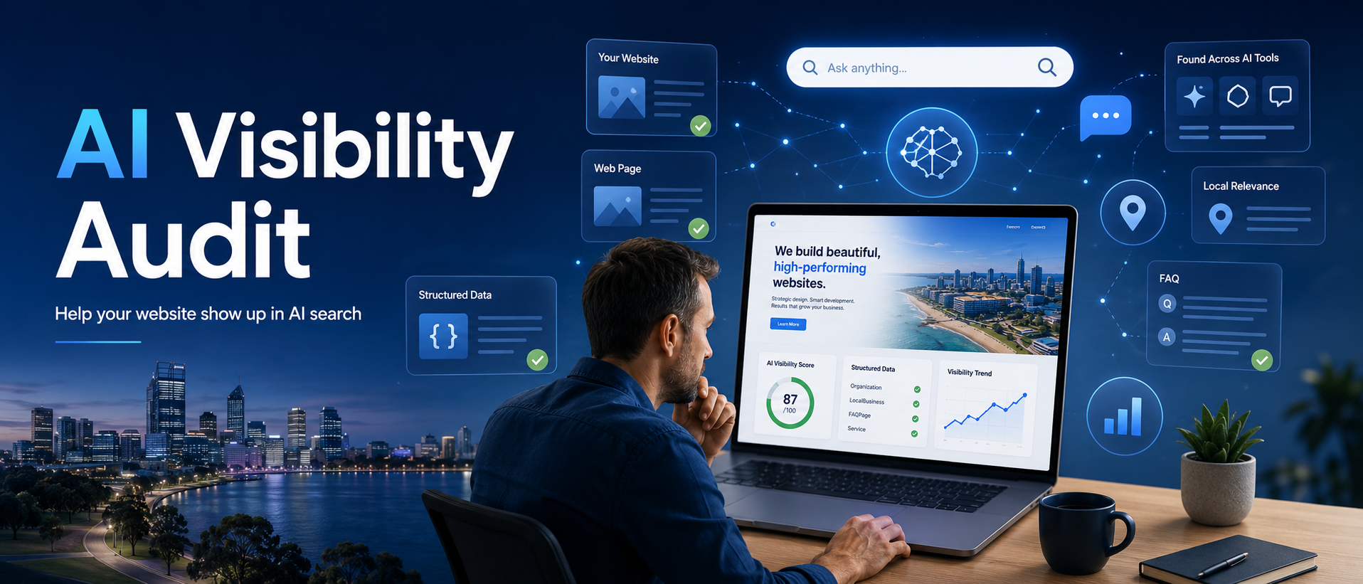 Professional woman using a phone to view an AI Visibility Audit dashboard, with icons for ChatGPT, Gemini, Perplexity, structured data, local SEO and AI readiness.