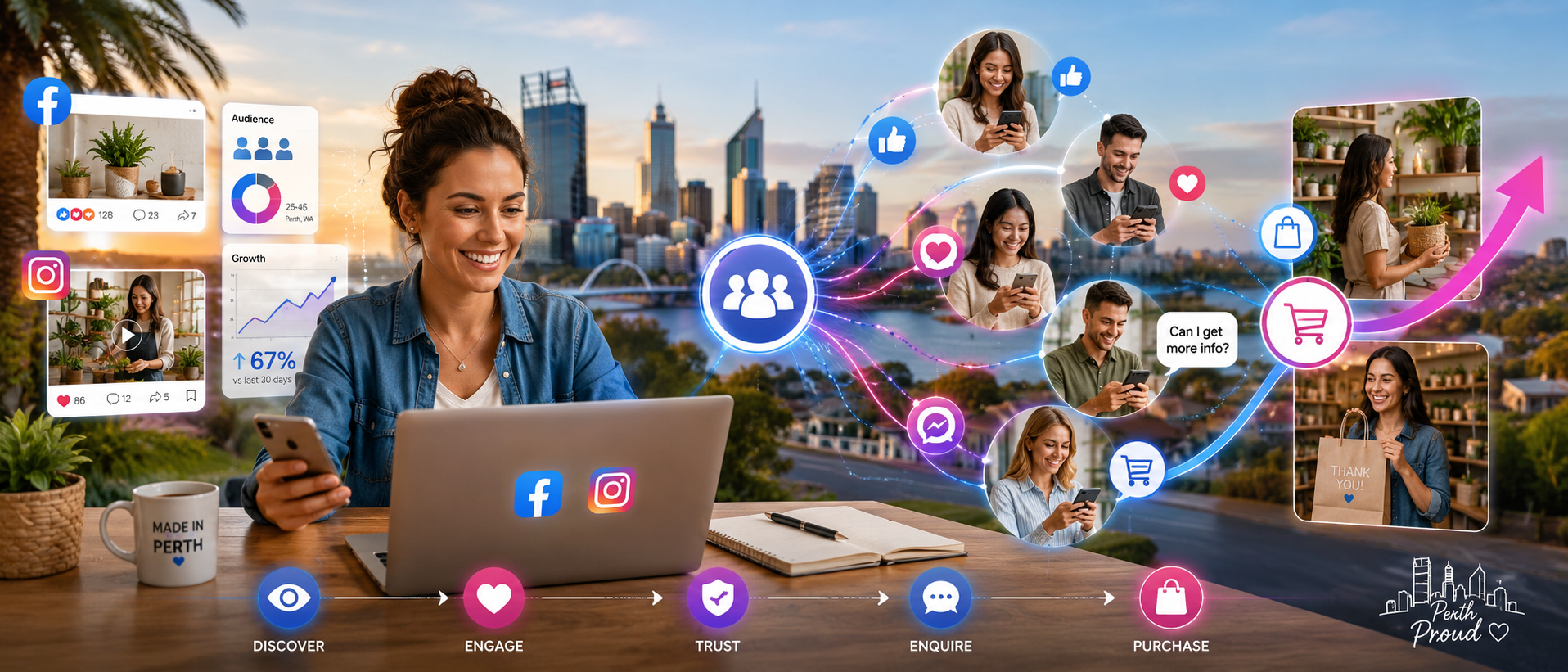 Wide banner showing a local business owner using Facebook and Instagram marketing to connect with customers, build trust, generate enquiries and grow sales.