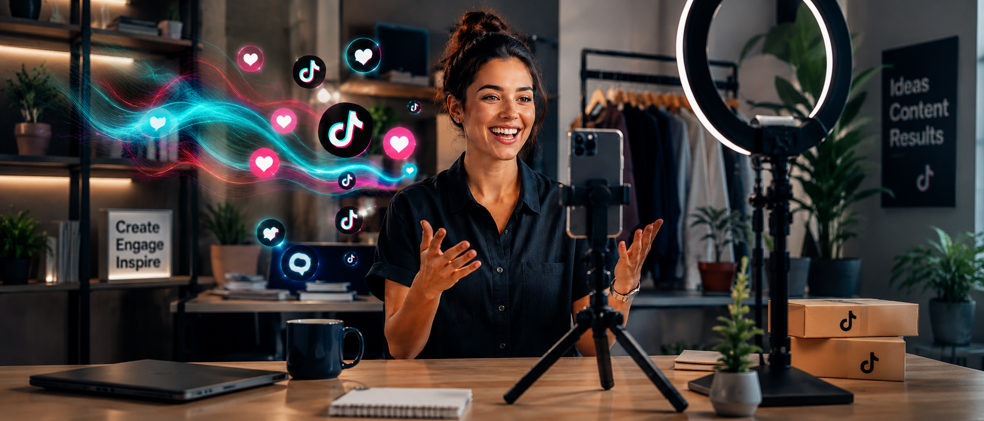 Business owner filming a short TikTok-style video with a phone, ring light and social media engagement icons.