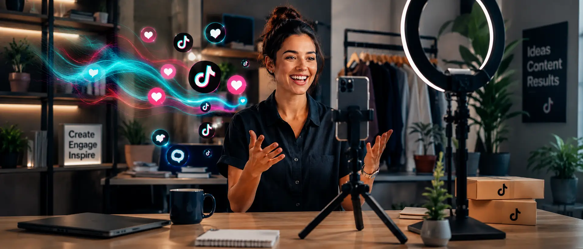 Business owner filming a short TikTok-style video with a phone, ring light and social media engagement icons.