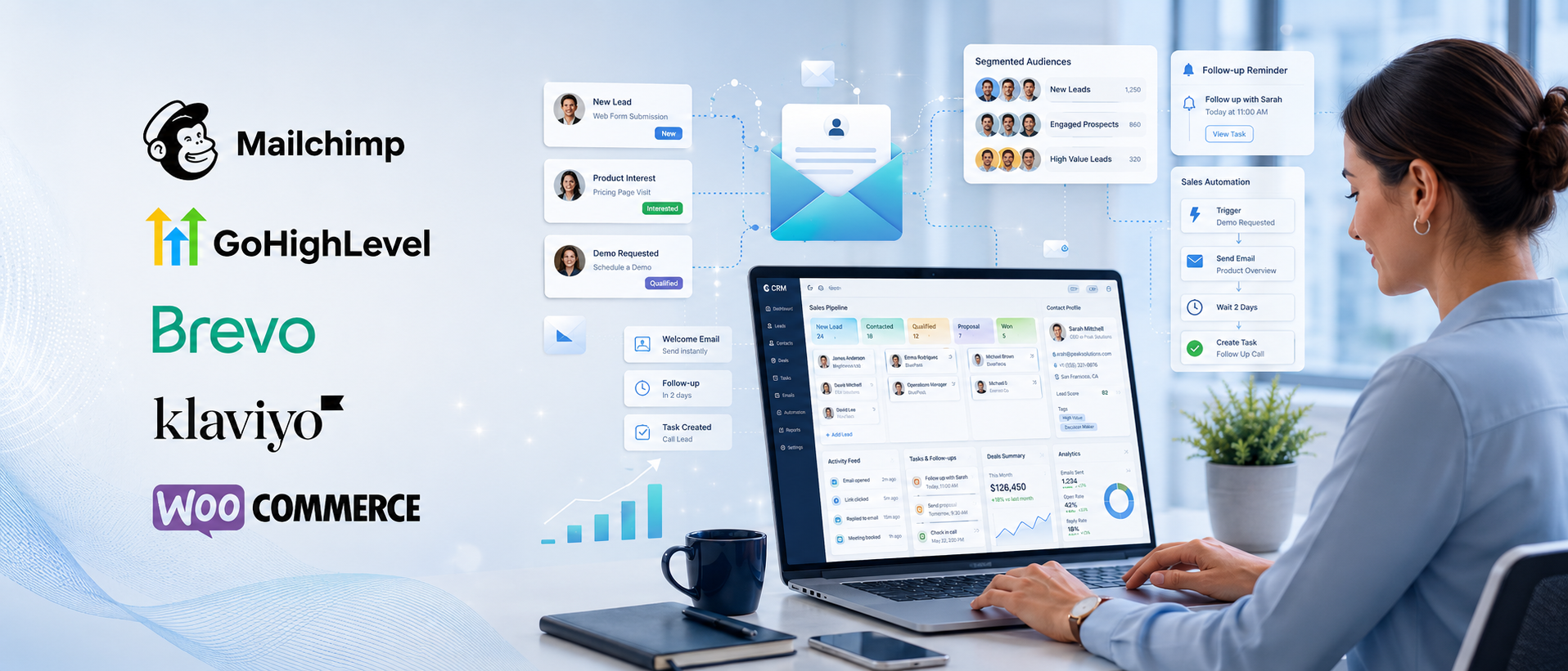 Email marketing services in Perth including CRM automation, lead follow-up, customer segmentation and campaign setup using Mailchimp, GoHighLevel, Brevo, Klaviyo and WooCommerce.