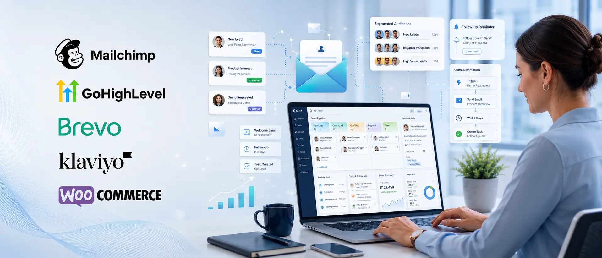 Email marketing services in Perth including CRM automation, lead follow-up, customer segmentation and campaign setup using Mailchimp, GoHighLevel, Brevo, Klaviyo and WooCommerce.