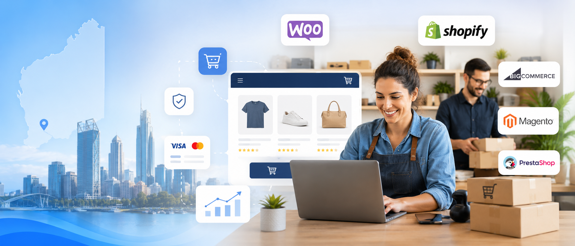 Ecommerce website design Perth showing WooCommerce, Shopify, BigCommerce, Magento and PrestaShop online store platforms.