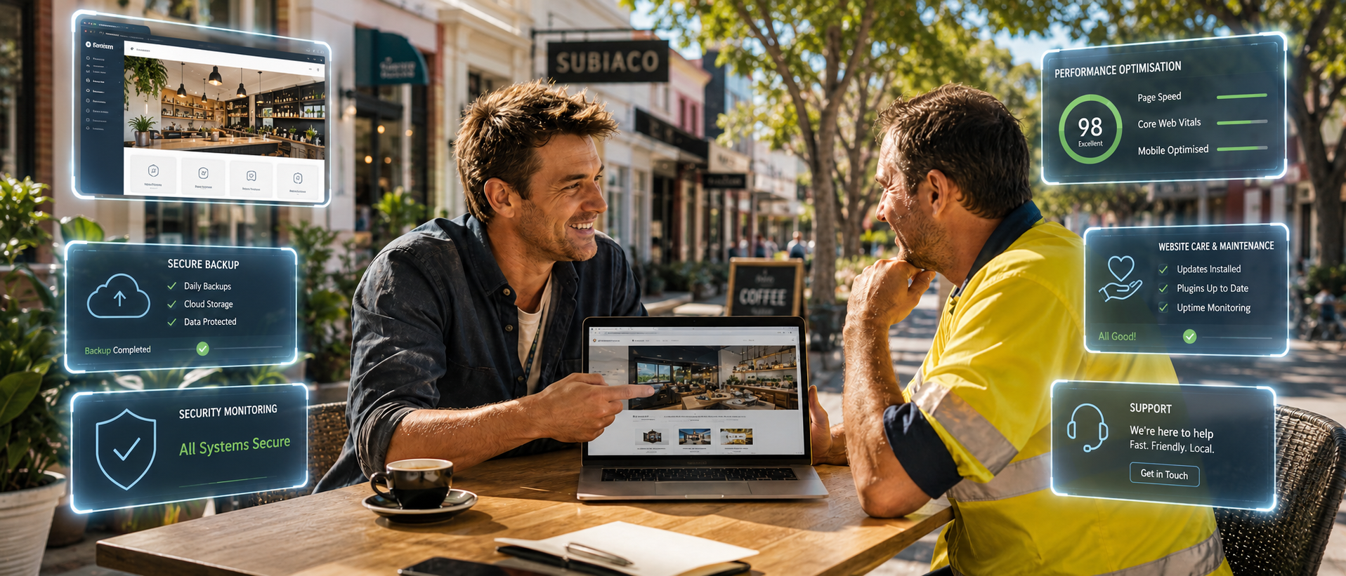 Website support and maintenance consultation with a local Perth business owner, showing secure backups, performance optimisation, security monitoring and website care.