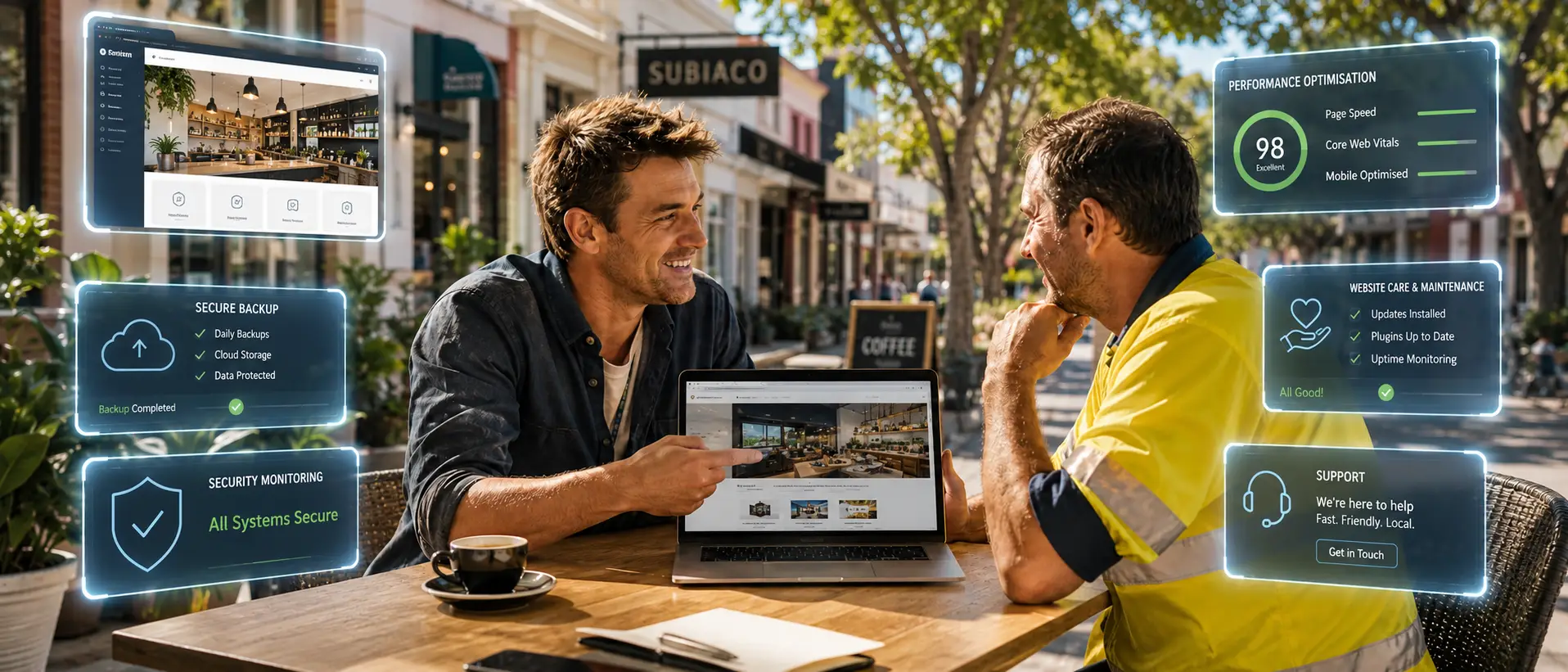 Website support and maintenance consultation with a local Perth business owner, showing secure backups, performance optimisation, security monitoring and website care.
