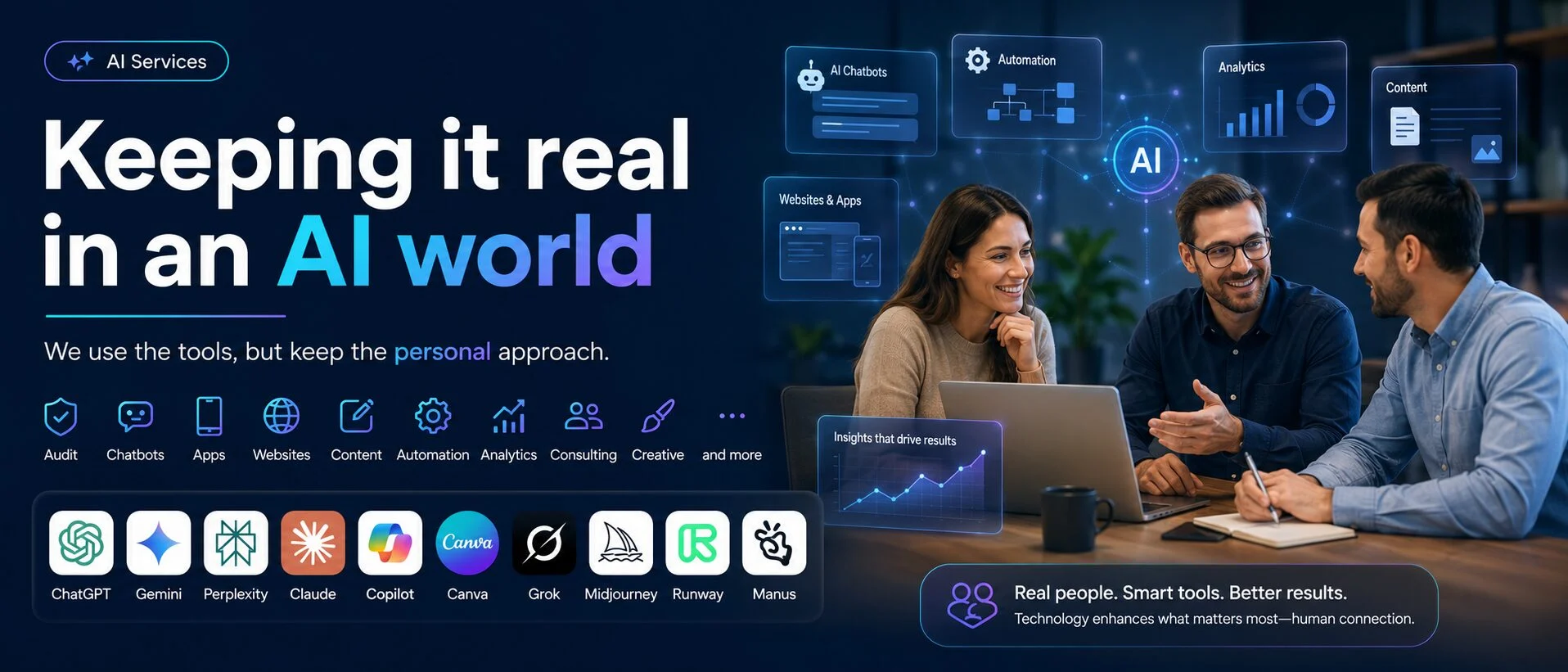Ocean Website Design AI services banner showing friendly business people using AI tools, with icons for ChatGPT, Gemini, Perplexity, Canva, Grok and other AI platforms.