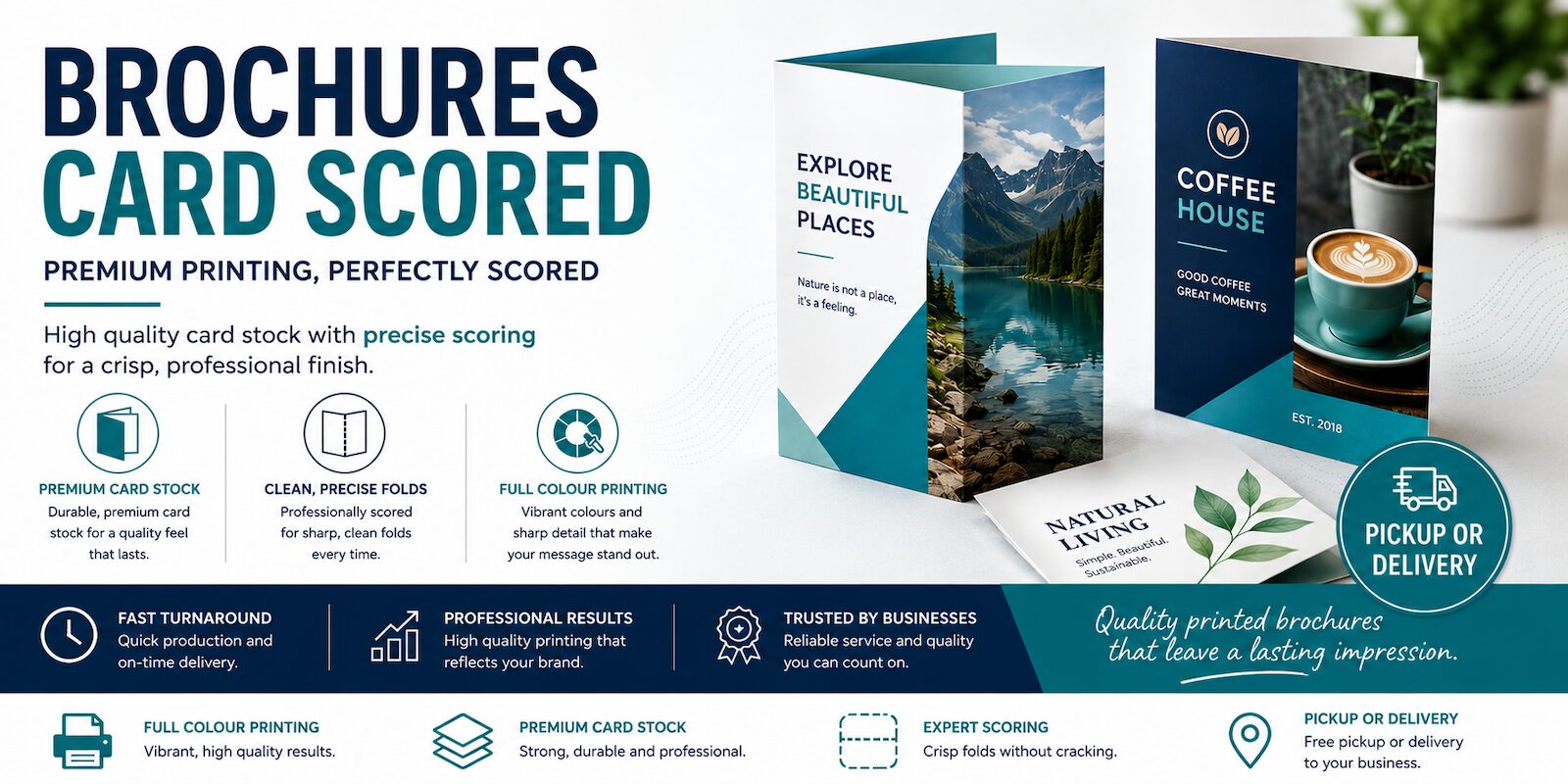 Premium card scored brochure printing with professional folds, full colour printing, custom sizes and fast Perth delivery.