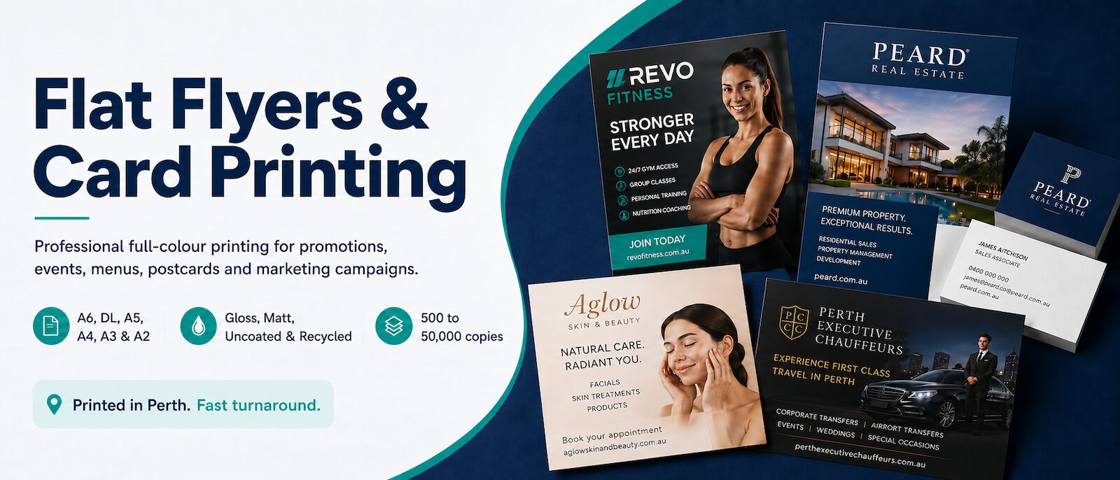 Flat flyer and card printing in Perth with sample fitness, property, beauty and chauffeur flyers in A6, DL, A5, A4, A3 and A2 sizes.