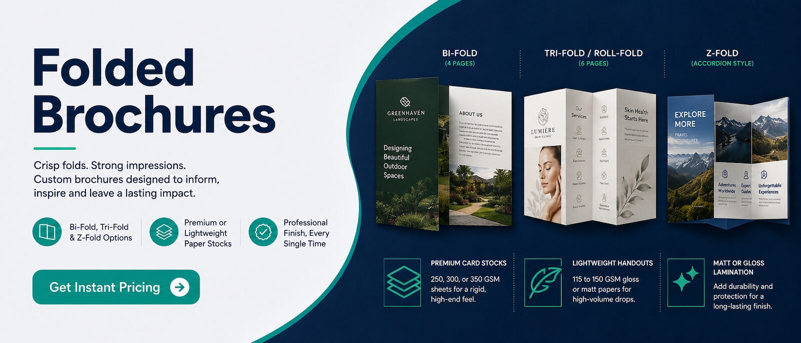 Folded brochure printing options including bi-fold, tri-fold and Z-fold brochures for menus, price guides and local business marketing.