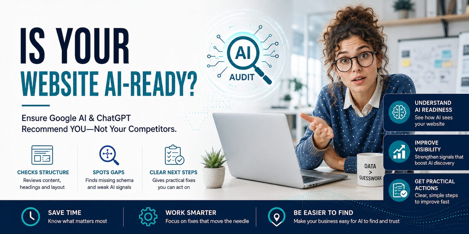 AI website audit banner showing a woman with glasses asking a question beside a laptop, with text about checking if a website is AI-ready for Google AI and ChatGPT.