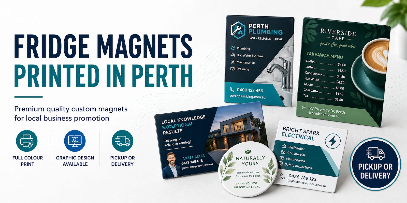 Custom fridge magnets printed in Perth by Ocean Website Design, featuring full colour print, graphic design options, and pickup or delivery.
