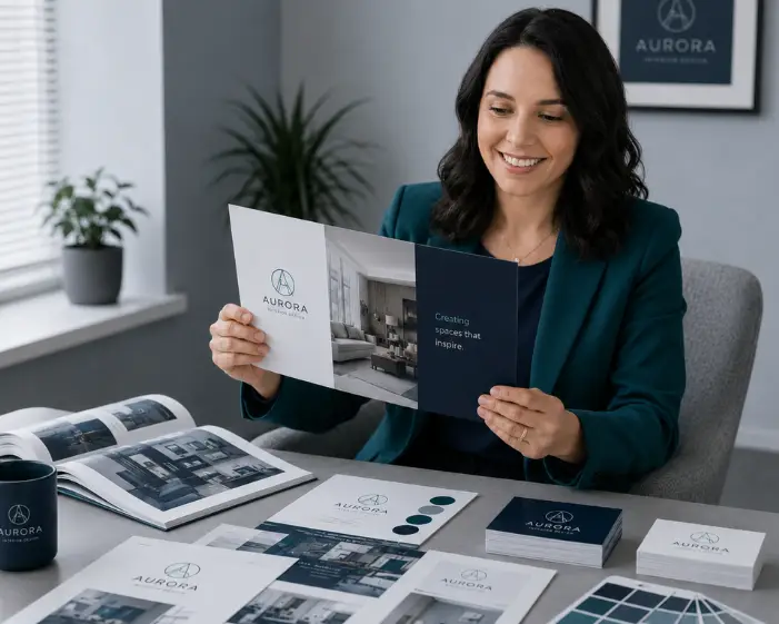 Perth business owner reviewing printed brochures, business cards and brand design materials
