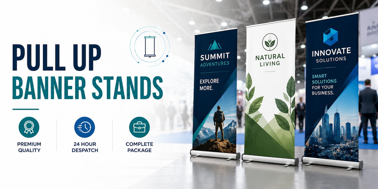 Premium pull up banner stands for Perth businesses with retractable display banners for trade shows, exhibitions, conferences and promotional events.