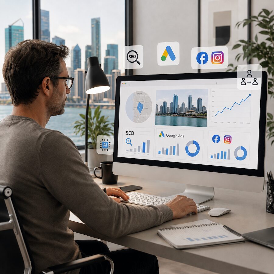 Perth digital marketing specialist reviewing SEO, Google Ads and social media performance on a desktop screen
