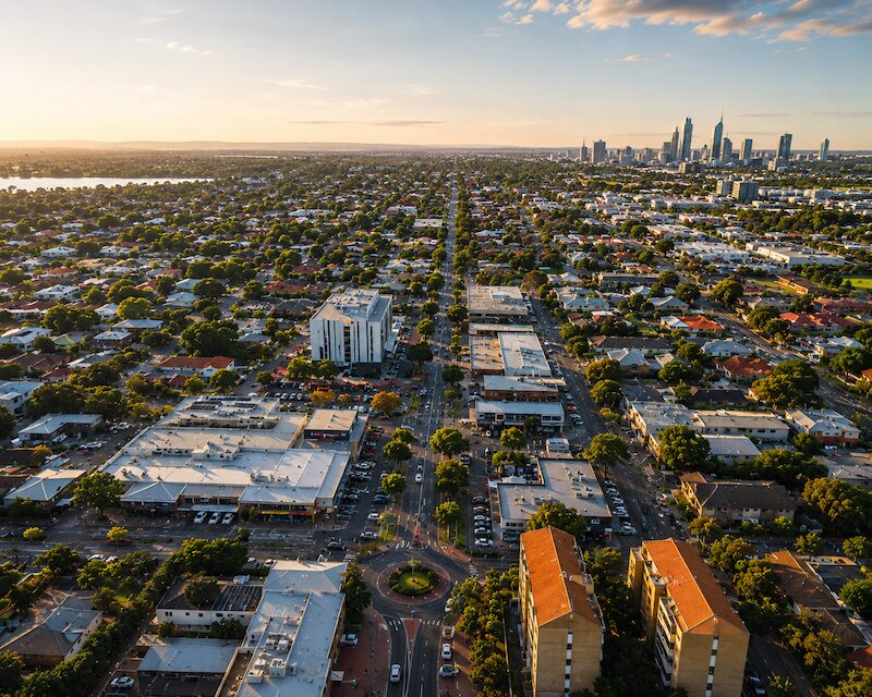Aerial view of Perth western suburbs and city skyline representing local web design and marketing services
