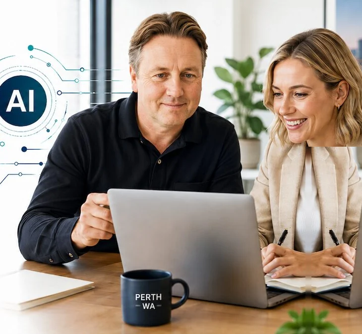 Keith Fletcher reviewing practical AI tools on a laptop with a Perth business owner