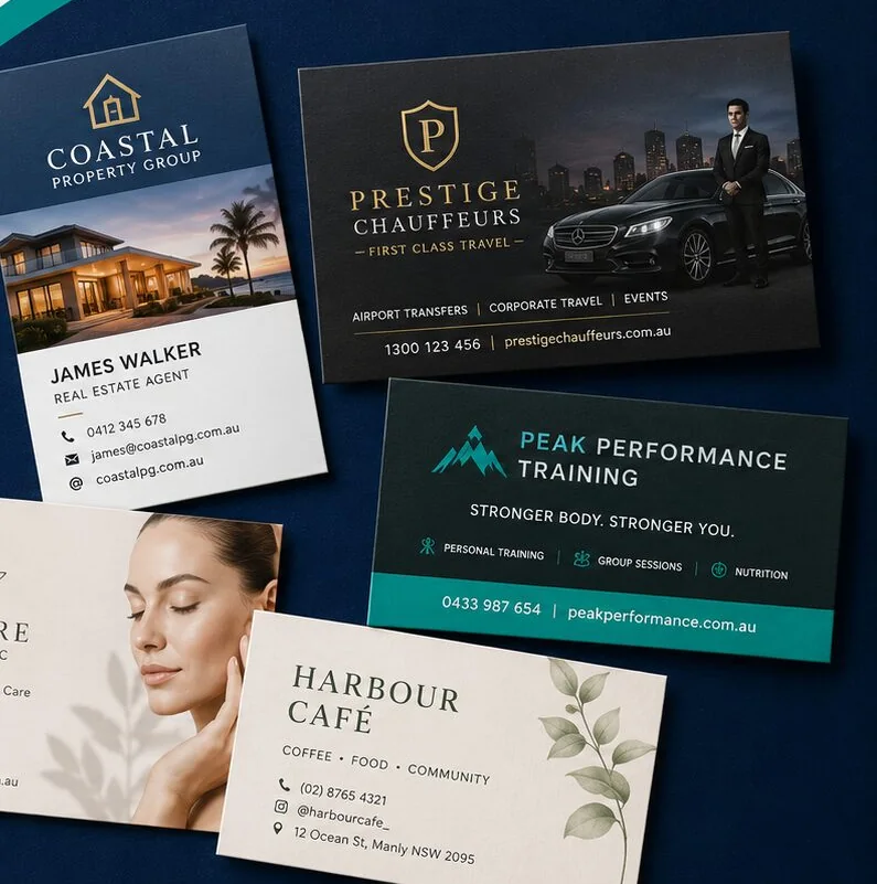 Examples of printed business cards for real estate, chauffeur, fitness, skin clinic and café businesses