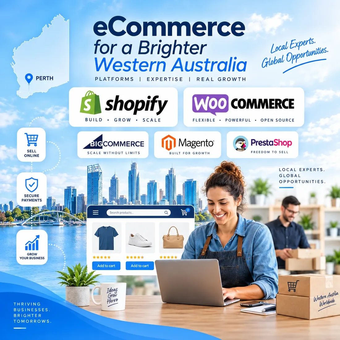 Ecommerce for Western Australian businesses – Shopify, WooCommerce, BigCommerce, Magento and PrestaShop stores built in Perth