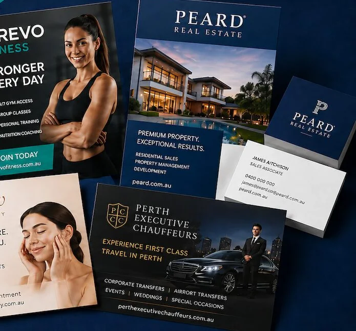 Printed flyer and card examples for fitness, real estate, beauty and chauffeur businesses