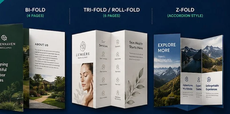 Bi-fold, tri-fold and Z-fold printed brochure examples