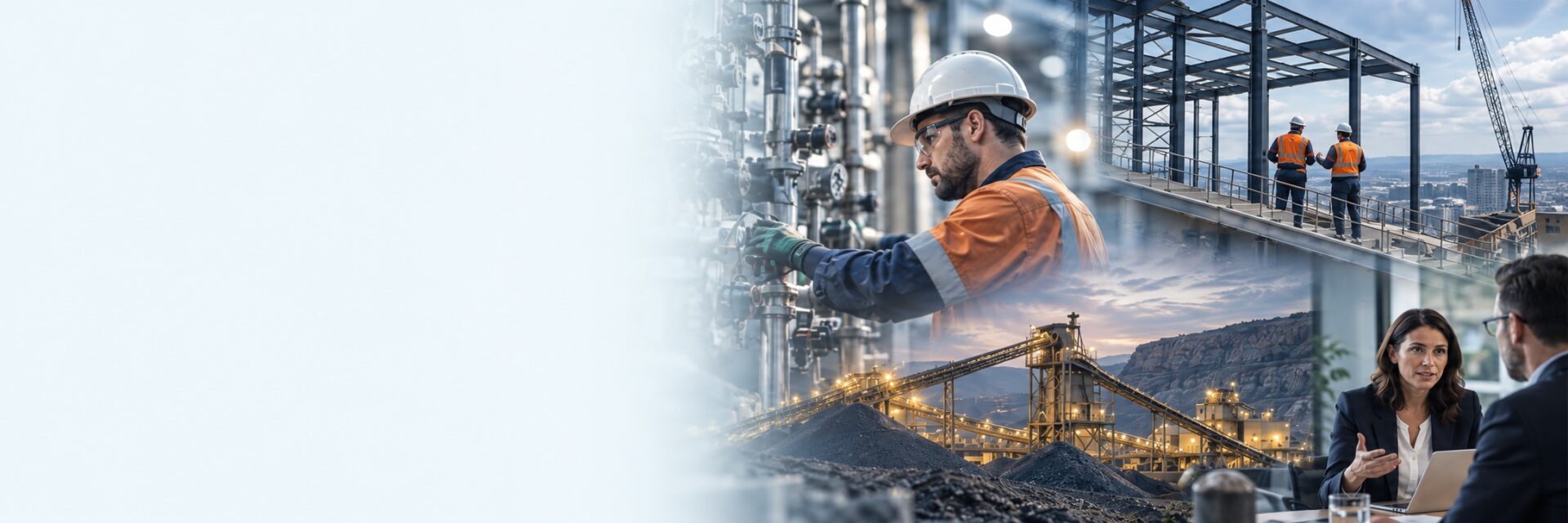 Engineer inspecting industrial equipment, construction workers, mining processing infrastructure and a business meeting
