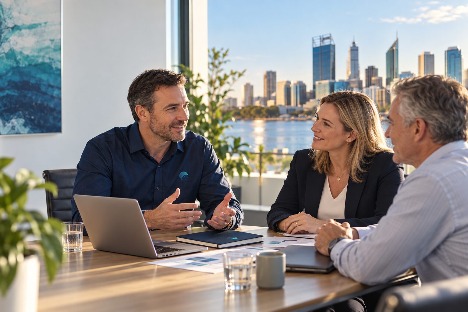 Ocean team meeting with an established Perth business client, city skyline in the background