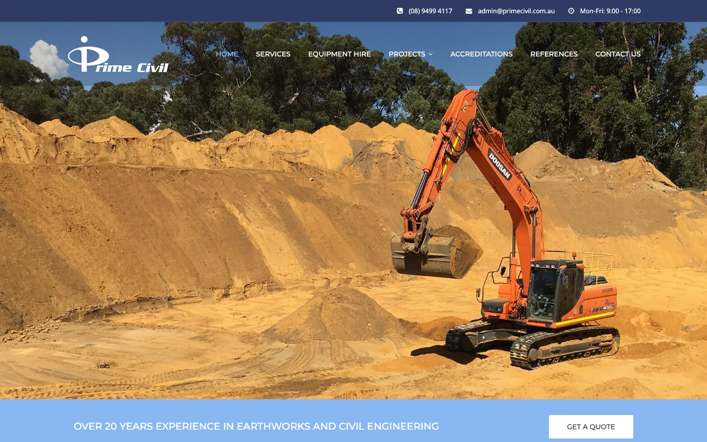 The Prime Civil website with an excavator on site