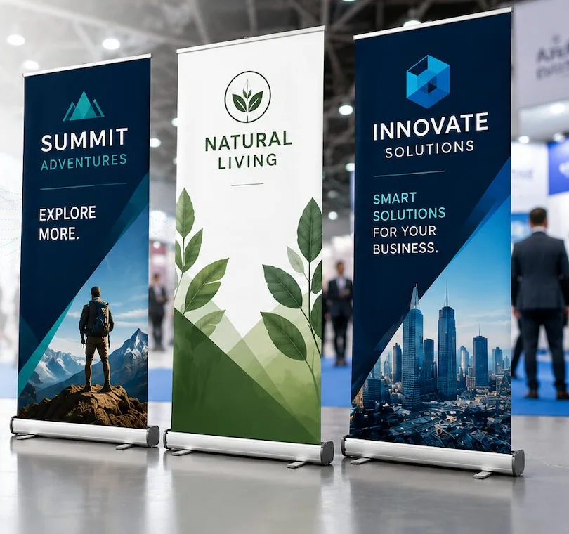 Pull up banner stands on display at a trade show