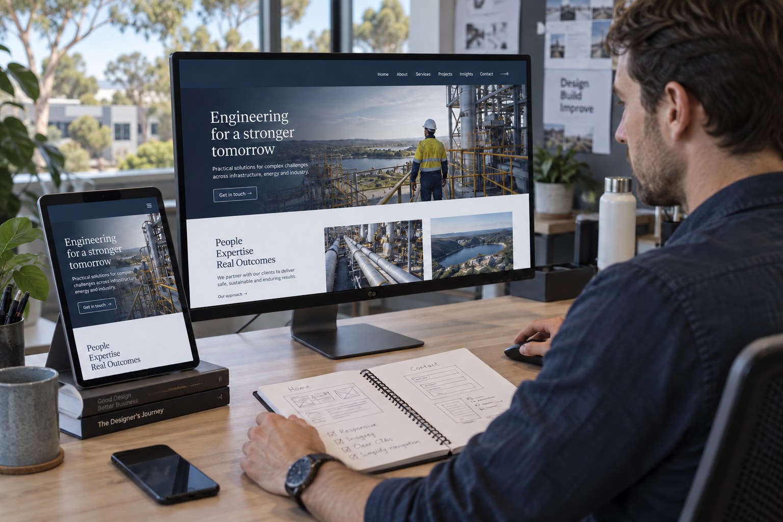 Website design being reviewed on desktop and tablet